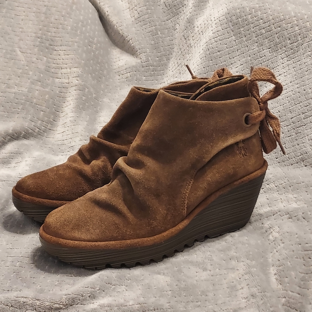 FLY London Women's Yama Suede Pull On Ankle Wedge Boots 37 Camel 6.5 NWOB